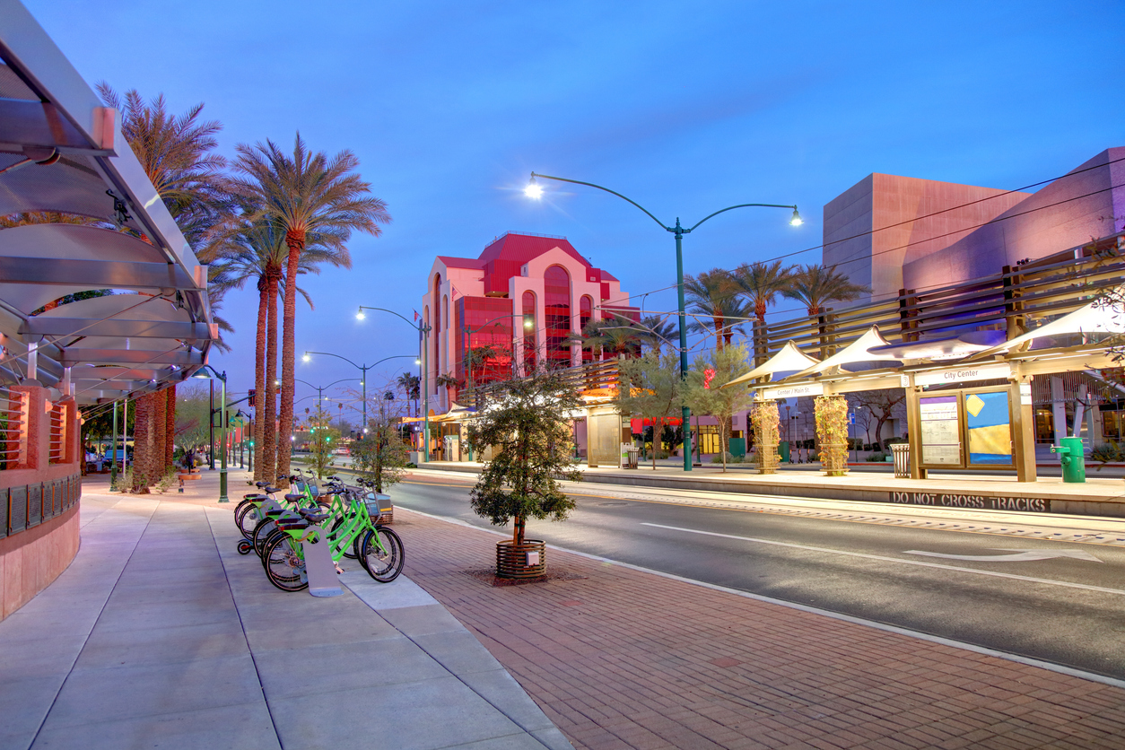 Downtown Mesa, Arizona at dusk